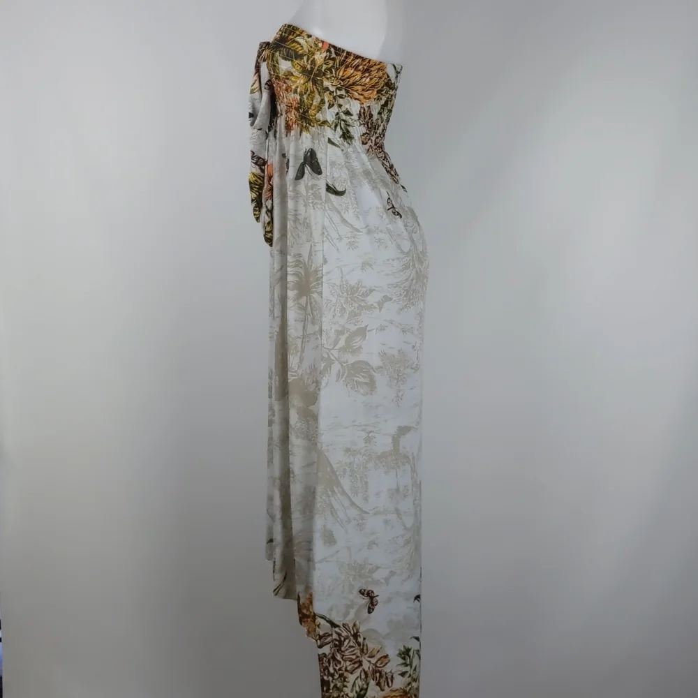 Women's Dress Size Med Cream Orange Butterflies Shirring Maxi High Low Hem Bow - Picture 7 of 10